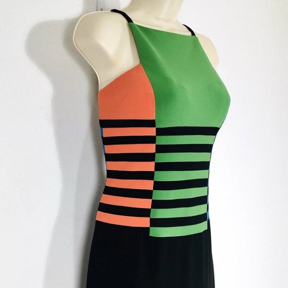 Mignon Classic Color Block Striped Maxi Dress Sz 6 Front Slit Crisscross Straps - Picture 5 of 16